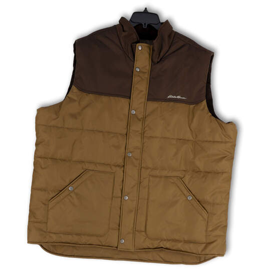 Mens Brown Sleeveless Pockets Regular Fit Snap Front Puffer Vest Size 3XLT image number 1