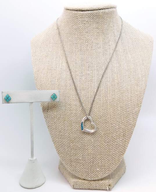 (G) Southwestern 925 Crushed Inlay Heart Pendant Necklace & Turquoise Earrings image number 1