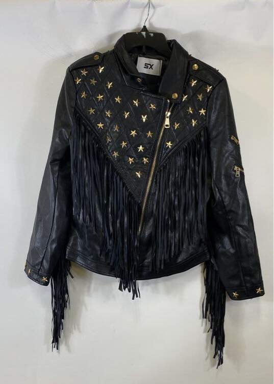 SX Honey Pot Womens Black Faux Leather Tassel Rivets Biker Jacket Size 3XL image number 1
