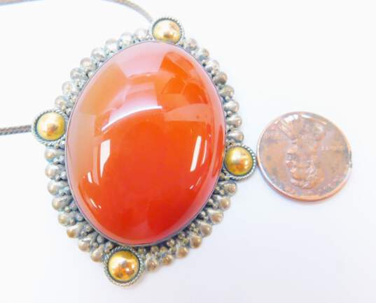 Artisan 925 Sterling Silver Carnelian Cabochon Brooch Pendant Necklace 26.6g image number 3