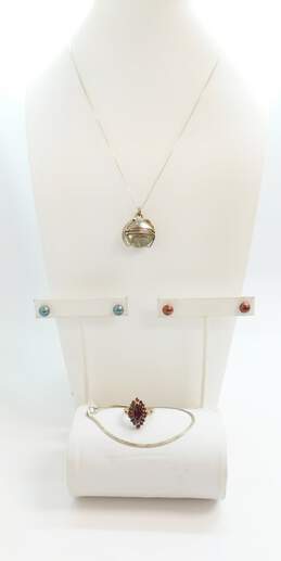 925 Pearl Stud Earrings Locket Pendant Necklace Garnet Ring Chain Bracelet 25.7g