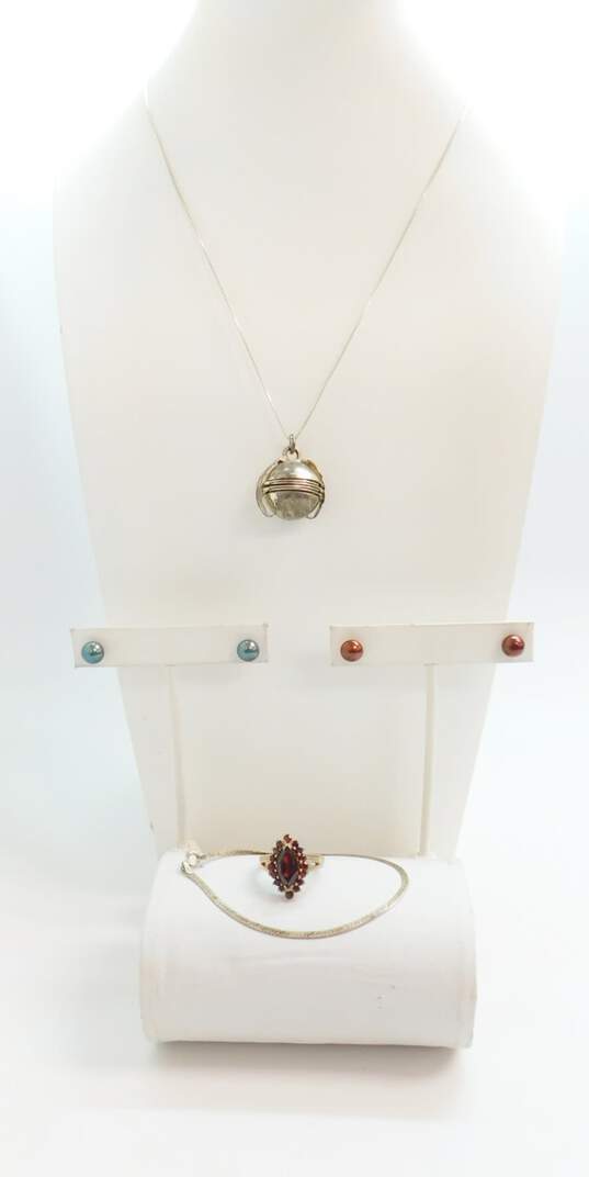 925 Pearl Stud Earrings Locket Pendant Necklace Garnet Ring Chain Bracelet 25.7g image number 1