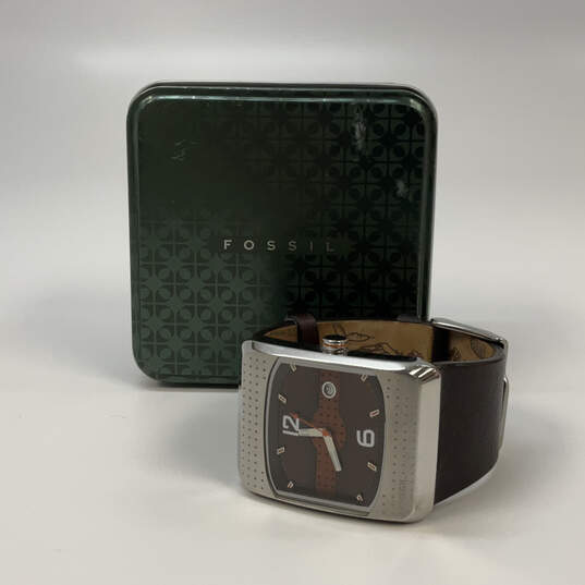 Designer Fossil JR9389 Silver-Tone Leather Strap Square Analog Wristwatch image number 3