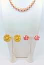 Vintage Gold Tone Pink Rhinestone Flower Necklace & Clip Earrings 88.5g image number 1