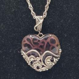 Sterling Silver Marcasite Glass Heart Pendant 17 1/2" Necklace 13.9g alternative image