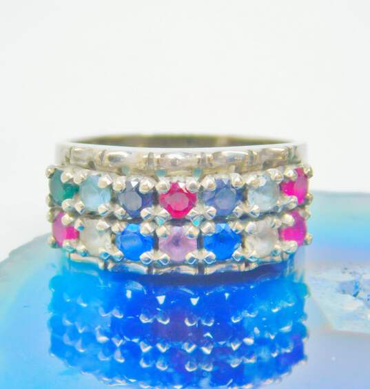 10K White Gold Ruby Purple Sapphire & Blue White Red & Green Spinel Cluster Wide Band Ring 7.6g image number 1