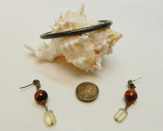 Rustic 925 Faceted Red Tigers Eye Coral & Citrine Beaded Drop Post Earrings & Rounded Cuff Bracelet 27.9g image number 4