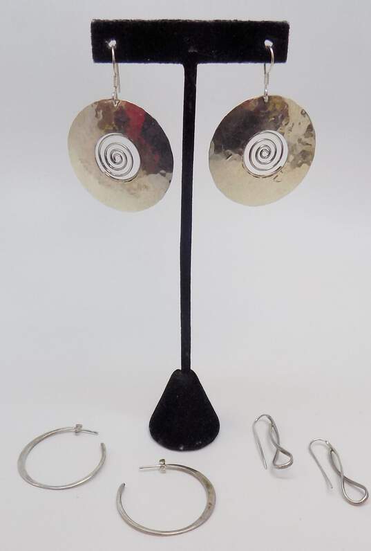 ATI Mexico & Signed Artisan 925 Hammered Spiral Disc Folded Threader Drop & Flat Semi Hoop Post Earrings Variety 17.3g image number 1