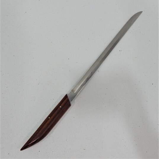 Vtg ROBESON Shur-Edge Frozen Heat Carving Knife Fork Set W/Wood Holder image number 2