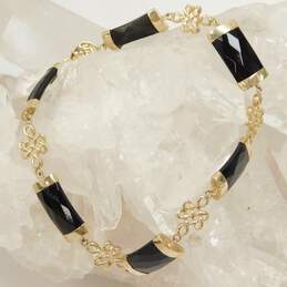 14K Yellow Gold Faceted Black Glass Bars & Chinese Knot Linked Bracelet 7.2g alternative image