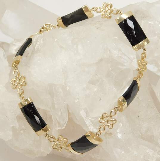 14K Yellow Gold Faceted Black Glass Bars & Chinese Knot Linked Bracelet 7.2g image number 2