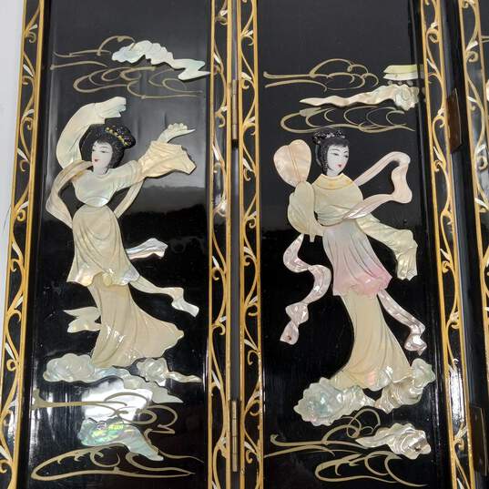 Vintage 4 Panel Mother of Pearl Tabletop Oriental Wood Screen image number 4