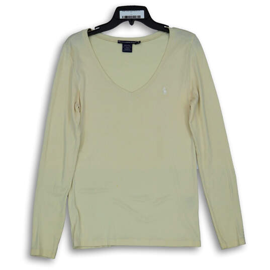 Womens Cream Long Sleeve V-Neck Stretch Classic Pullover T-Shirt Size XL image number 1