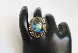 Signed M ID 925 & 18K Gold Accents Labradorite Cabochon Granulated Oval Ring 12.2g alternative image