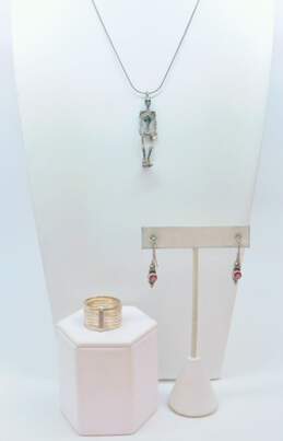 925 Spooky Skeleton Pendant Necklace Garnet Earrings & Stack Ring 17.7g