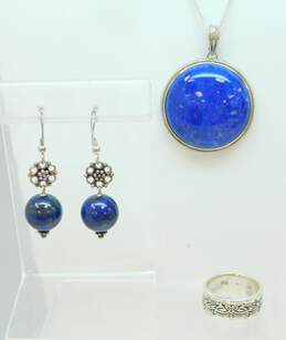 Artisan 925 Lapis Lazuli Cabochon Circle Pendant Bead Drop Earrings & Band Ring
