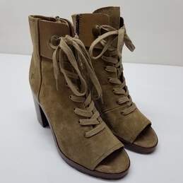 Frye Danica Lug Combat Boot Open Toe Lace Up Ankle Bootie Suede Size 7.5