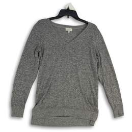 Womens Gray Heather Long Sleeve V-Neck Side Slit Pullover Sweater Size S