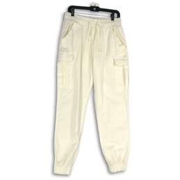 Womens White Elastic Drawstring Waist Slash Pocket Cargo Jogger Pants Size L