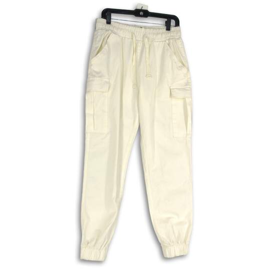 Womens White Elastic Drawstring Waist Slash Pocket Cargo Jogger Pants Size L image number 1