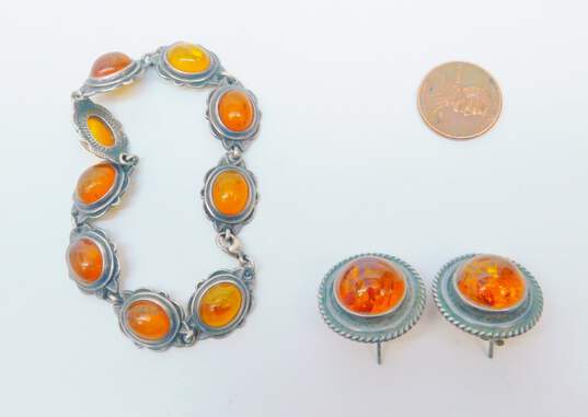 Artisan 925 Amber Dome Circle Post Earrings & Cabochons Scalloped Ovals Linked Bracelet 26.4g image number 5