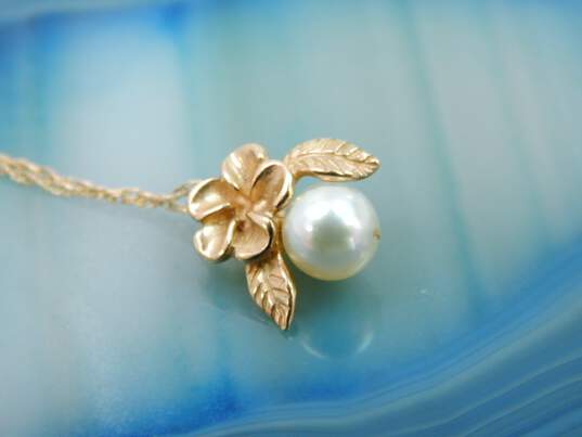 14K Gold Pearl & Flower Pendant Necklace 1.5g image number 8