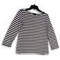 Womens Blue White Striped Round Neck Side Slit Pullover T-Shirt Size Small image number 1