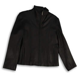Womens Black Long Sleeve Mock Neck Full-Zip Leather Jacket Size S/CH