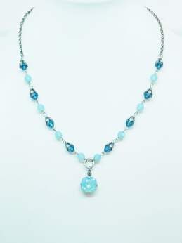 Catherine Popesco France Silvertone Dark & Light Blue Rhinestones Pendant Crystals Beaded Chain Necklace 11.5g