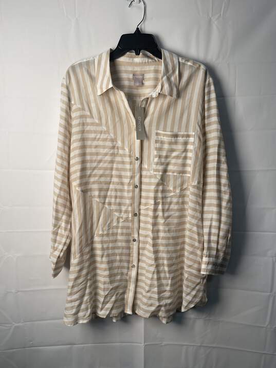 Chico's  Women Tan and White Striped Button Down Blouse Size 3 image number 1