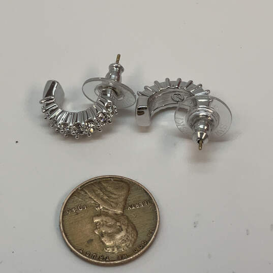 Designer Swarovski Silver-Tone Clear Crystals Push Back Half Hoop Earrings image number 3