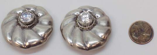 Taxco Sterling Silver Pleated Disc Chunky Cubic Zirconia Clip On Earrings 33.7g image number 2