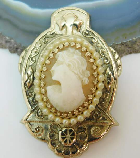 Vintage Coro Gold Tone Faux Seed Pearl Accent Cameo Brooch 14.2g image number 6