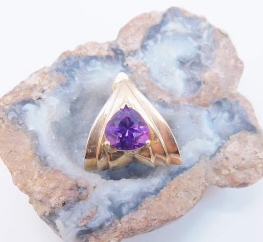 14K Gold Amethyst Faceted Teardrop Ridged Triangle Hinged Pendant 6.9g image number 1
