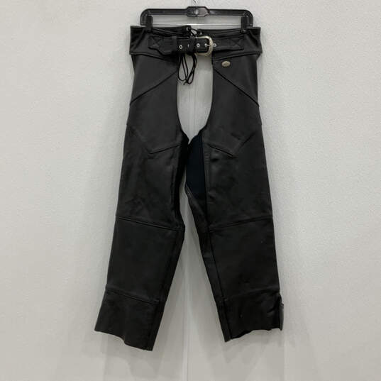 Mens Black Leather Adjustable Strap Side Zip Motorcycle Chaps Size Large image number 2