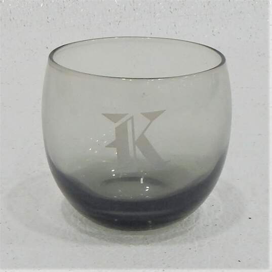 Vintage MCM Smoky Gray Glass Etched K Monogram Rocks Bar Glasses Set of 6 image number 3