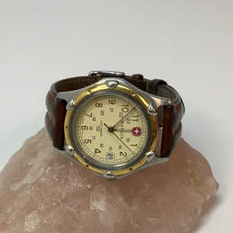 Designer Swiss Army 095-0695 Silver-Tone Leather Strap Analog Wristwatch