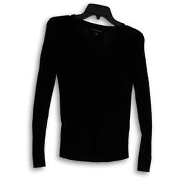 Womens Black V-Neck Stretch Cable-Knit Long Sleeve Pullover Sweater Size XS