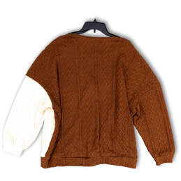 NWT Womens Brown White Knitted V-Neck Long Sleeve Pullover Sweater Size 18-20 alternative image