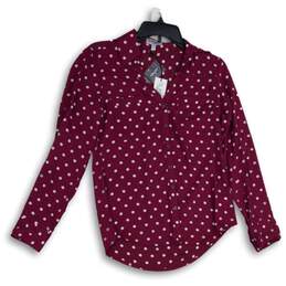 NWT Express Womens Red Polka Dot Spread Collar Long Sleeve Button-Up Shirt Sz XS