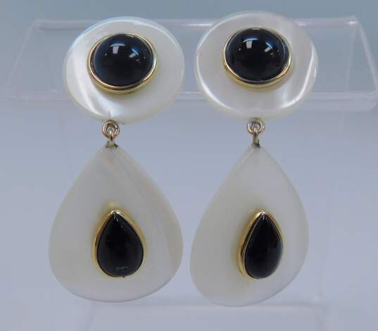 Elegant 14K Yellow Gold Onyx & Mother of Pearl Drop Earrings 7.1g image number 3