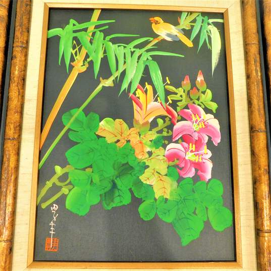 Japanese Original Watercolor Bird & Flower W/ Wooden Frame & Signed image number 3