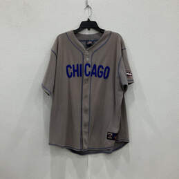 Mens Gray Blue Short Sleeve V-Neck Chicago Cubs Baseball MLB Jersey Size XL