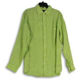 Mens Green Spread Collar Long Sleeve Button-Up Shirt Size Large