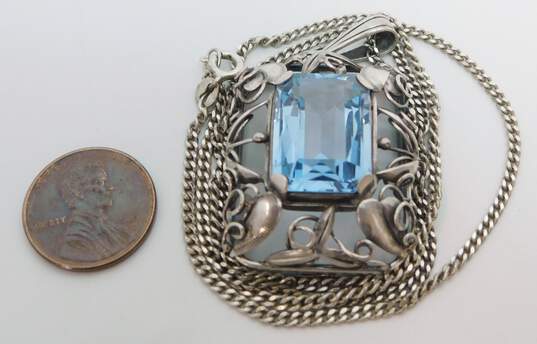 Vintage 833 Silver Faceted Topaz Etched Leaves & Vines Rectangle Pendant & 925 Curb Chain Necklace 17.2g image number 6