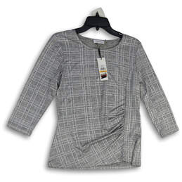 NWT Womens Silver Plaid Ruched Round Neck 3/4 Sleeve Blouse Top Size S