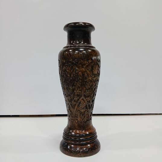 Handcrafted Carved Wooden Vase 15" Home Decor image number 1