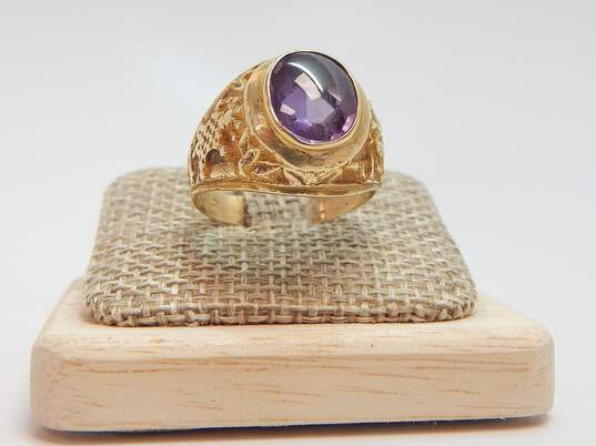 12K Gold Purple Sapphire Cabochon Etched Eagle & Animal Wide Band Ring 6.7g image number 3