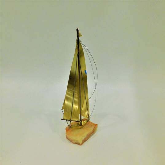 Vintage DeMott Brass Sailboat Onyx Base Signed Sculpture image number 2