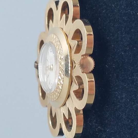 Caravelle Gold Tone Flower On Chain Vintage Automatic Manual Wind Pendant Watch image number 7